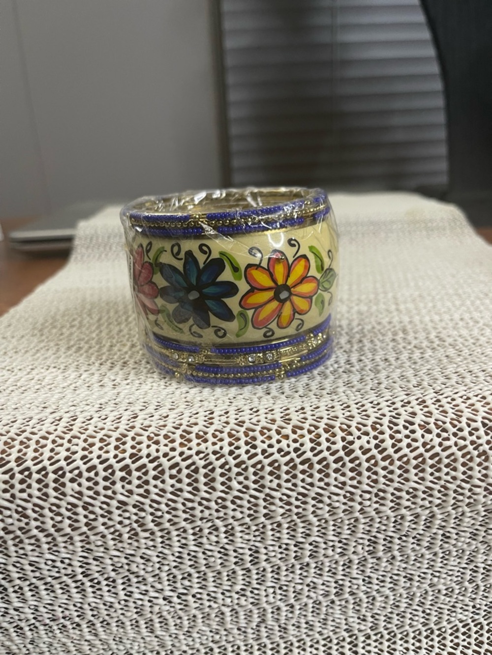 Hand-Painted Floral Wide Cuff Bracelet in Cream, Blue, Yellow